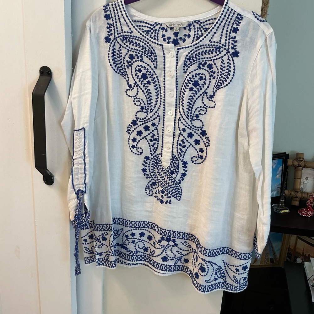 John Mark White and Blue Embroidered Blouse